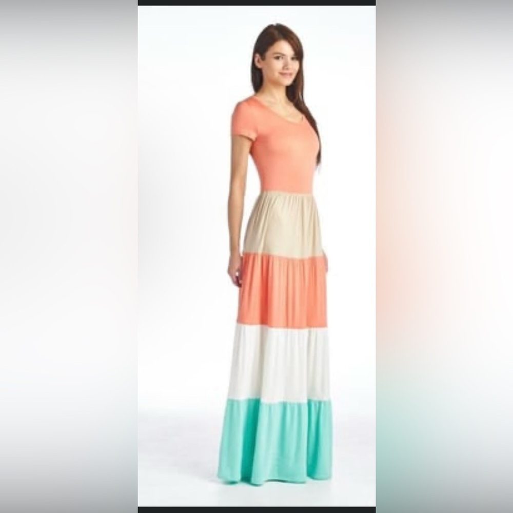 Teal, Tan & Peach Polyester Spandex Fabric